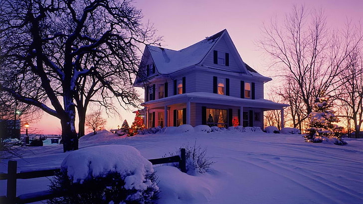 Закат дома зимой дома Рождество викторианский вечер Висконсин 1920x1080 Архитектура Дома HD Арт, зима, закаты, HD обои