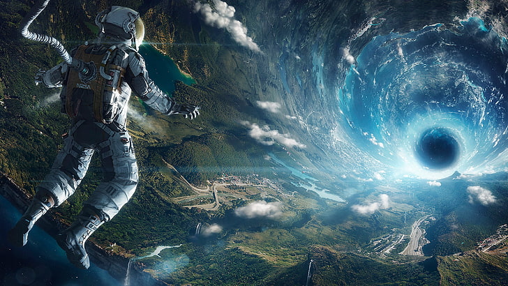 宇宙飛行士のデジタル壁紙、前のブラックホールの宇宙飛行士、人工重力、デジタルアート、宇宙飛行士、風景、雲、自然、湖、森、星、未来、トンネル、ワームホール、シアン、ブラックホール、 HDデスクトップの壁紙