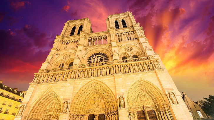 plats för tillbedjan, paris, färgstark himmel, Europa, frankrike, UNESCO: s världsarvslista, turism, Notre Dame de Paris, kupol, historisk plats, byggnad, basilika, Notre Dame, katedral, turistattraktion, himmel, landmärke, HD tapet