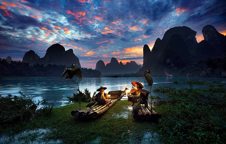 mężczyźni, przyroda, rzeka, ptaki, Azja, góry, Chiny, sztuka fantasy, Tapety HD