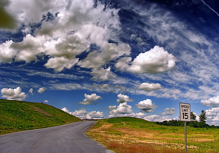 grey concrete road under white cloudy sky during daytime, Slowdown, grey, concrete road, white, cloudy, sky, daytime, Clearfield County, Karthaus Township  Pennsylvania, Wilds, clouds, cumulus, cirrus, spring, weather, creative commons, cloud - Sky, nature, road, grass, landscape, cloudscape, rural Scene, summer, outdoors, asphalt, blue, meadow, highway, scenics, HD wallpaper HD wallpaper