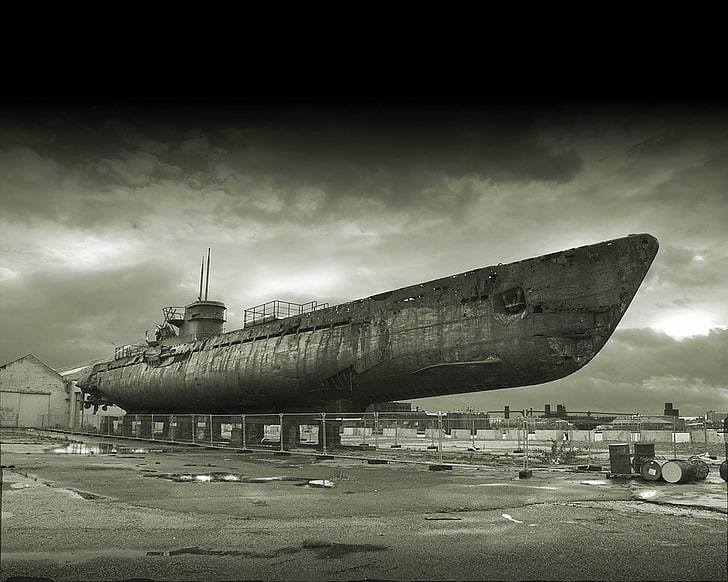 gray ship, military, ship, submarine, World War II, vehicle, sepia, HD wallpaper