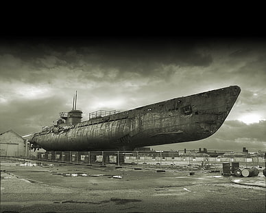 gray ship, military, ship, submarine, World War II, vehicle, sepia, HD wallpaper HD wallpaper