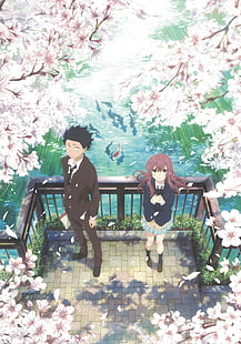 koe no katachi, ishida shouya, nishimiya shouko, kwiat wiśni, rzeka, anime, Tapety HD HD wallpaper