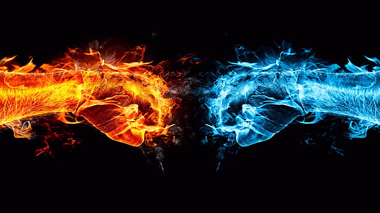 red and blue fists, hands, 4k, 5k wallpaper, 8k, fight, kick, orange, blue, fire, HD wallpaper HD wallpaper