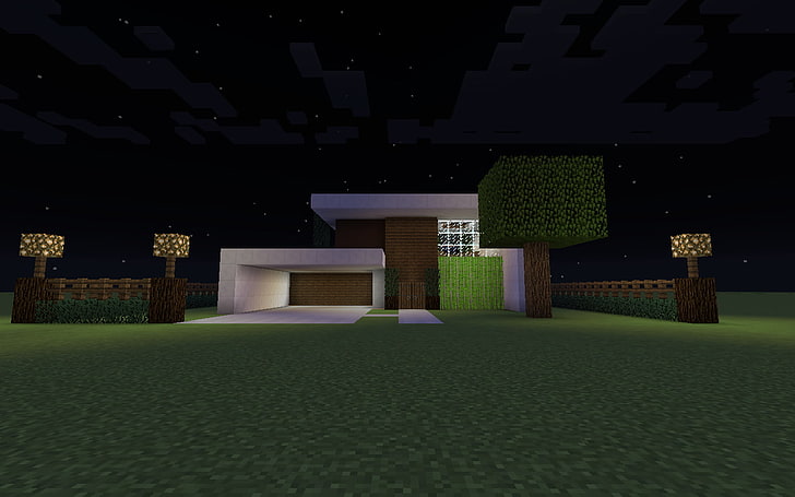 коричневый и белый бетонный дом, белый и коричневый план этажа, Minecraft, HD обои