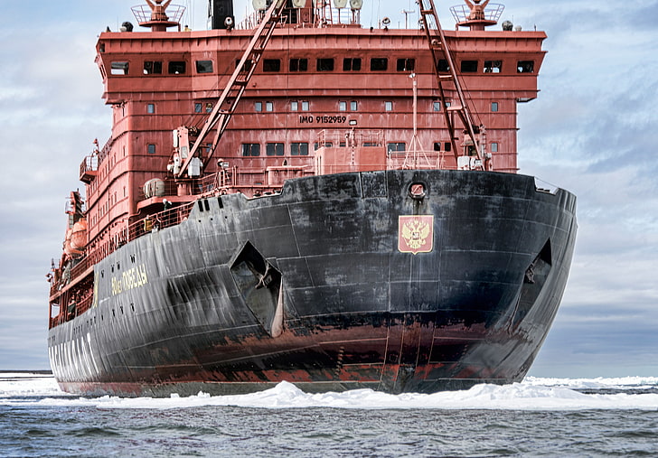 navire noir et rouge, mer, ciel, brise-glace, 50 ans de victoire, Fond d'écran HD