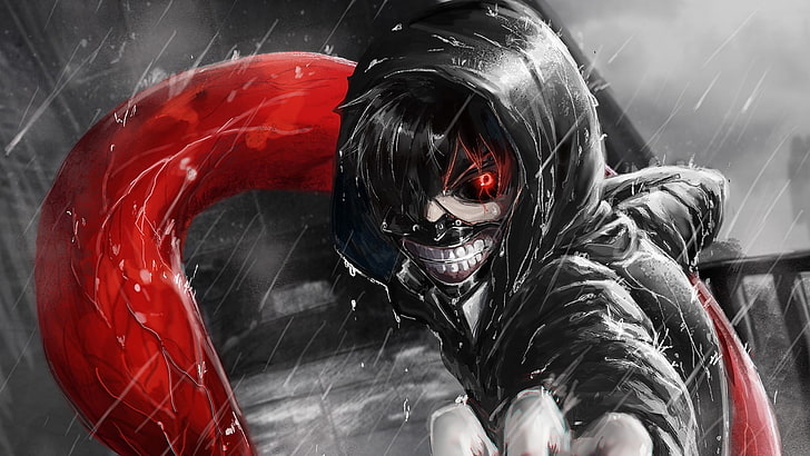 karaktär bär svart huva illustration, digital konst, tittar på tittaren, röda ögon, Tokyo Ghoul, HD tapet