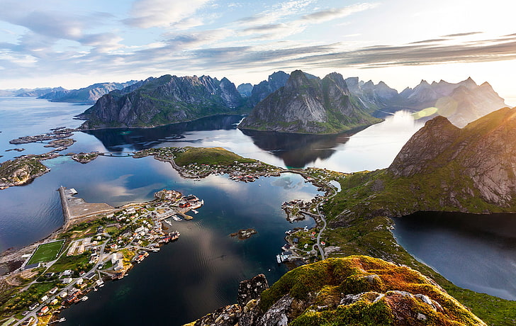 風景、ノルウェー、Reine Rorbuer（ノルウェー）、水、 HDデスクトップの壁紙