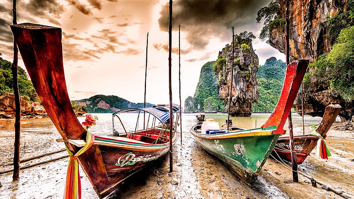 boat, rock, ko tapu, phang nga, fishing boat, fishing vessel, boats, thailand, asia, james bond island, movie location, coast, beach, shore, HD wallpaper
