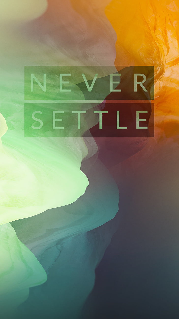 green and orange background with never settle text overlay, typography, oneplus two, HD wallpaper