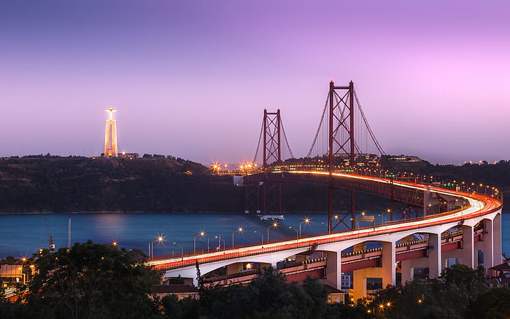 köprü, gece şehri, şehir ışıkları, 25 de abril köprüsü, lizbon, almada, HD masaüstü duvar kağıdı
