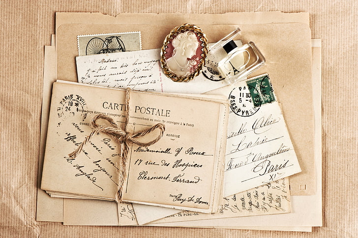 assorted letters, vintage, the envelope, brooch, perfume, letters, cards, brand, HD wallpaper