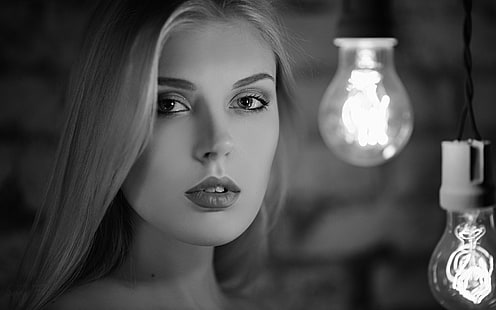 wanita, Sergey Fat, potret, wajah, monokrom, bola lampu, Wallpaper HD HD wallpaper