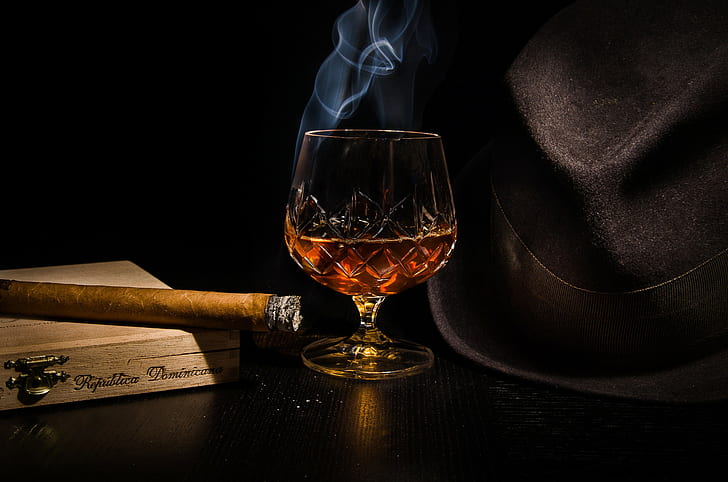 Hat, cigar, glass, glass, hat, cigar, cognac, alcohol, HD wallpaper