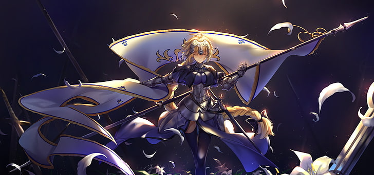 Saber from Fate Stay Knight, Fate/Grand Order, Fate Series, Jeanne d'Arc, spear, petals, armor, blonde, flag, HD wallpaper