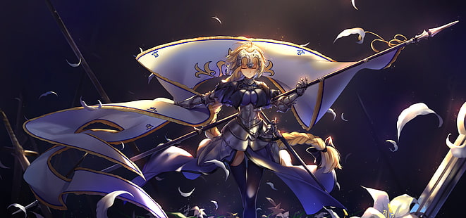 Saber from Fate Stay Knight, Fate/Grand Order, Fate Series, Jeanne d'Arc, spear, petals, armor, blonde, flag, HD wallpaper HD wallpaper
