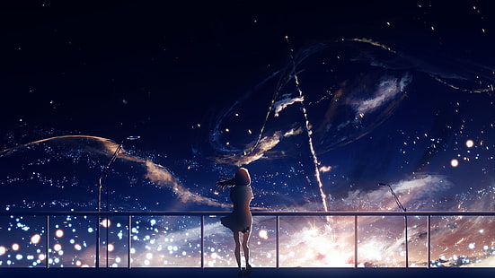 anime, chicas anime, estrellas, noche, cielo nocturno, Fondo de pantalla HD HD wallpaper