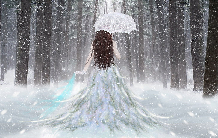 Mujer vistiendo vestido sosteniendo paraguas fondos de pantalla, niña, nieve, bosque, paraguas, Fondo de pantalla HD
