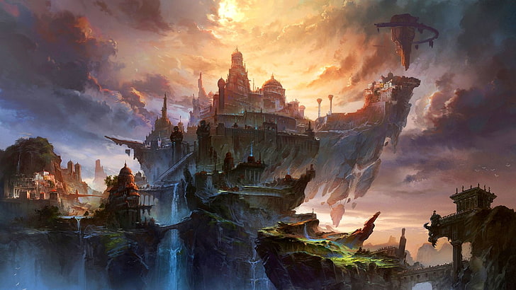 pływający pałac pod pomarańczowymi chmurami cyfrowa tapeta, fantasy, miasto, chmura, Tapety HD