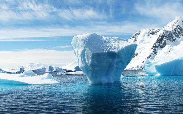 gunung es, latar belakang antartika, gumpalan es terapung, lautan, Wallpaper HD
