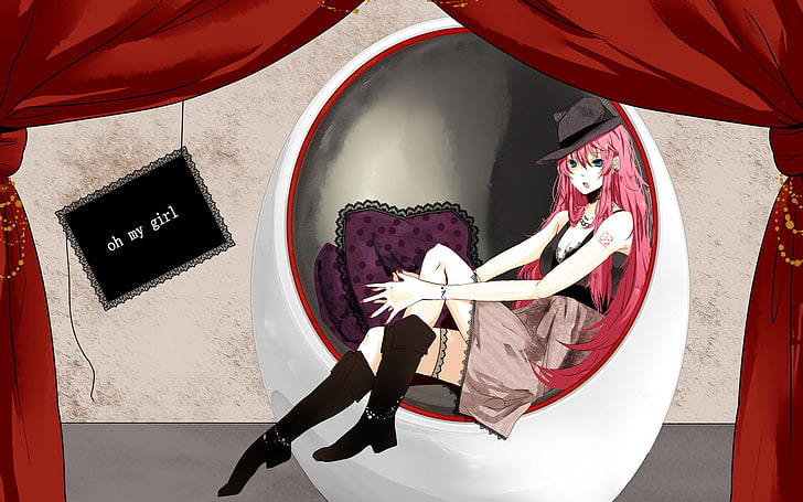 Cute Anime Girl Pink Hair, pink hair female illustration, Anime / Animated, , pink, girl, hair, chair, hat, anime, sitting, HD wallpaper