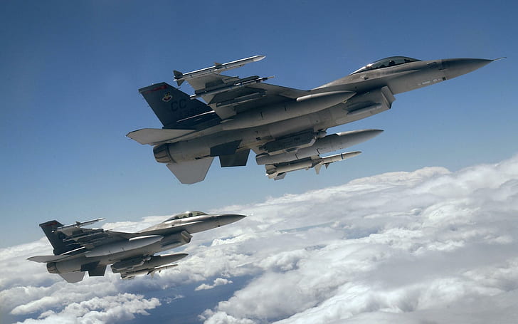 F16 Falcons, myśliwiec odrzutowy, sokoły, odrzutowce, siły powietrzne, uzbrojone, wojskowe, lot, samoloty, Tapety HD