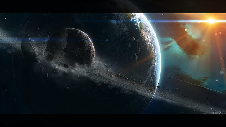 fondo de pantalla de planeta azul, espacio, planeta, anillos planetarios, arte espacial, Fondo de pantalla HD