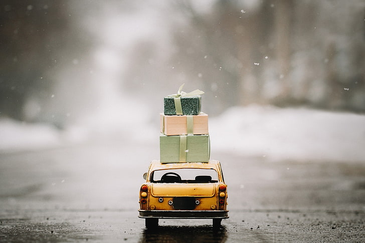 miniatures, snow, presents, car, HD wallpaper