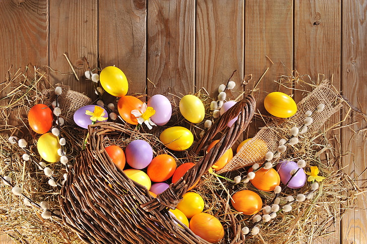eggs, spring, Easter, happy, wood, Verba, holiday, HD wallpaper