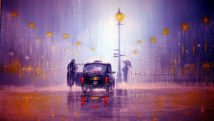 rain, city night, painting, taxi, HD wallpaper