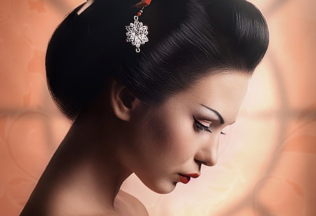 fille, maquillage, coiffure, geisha, profil, Fond d'écran HD HD wallpaper
