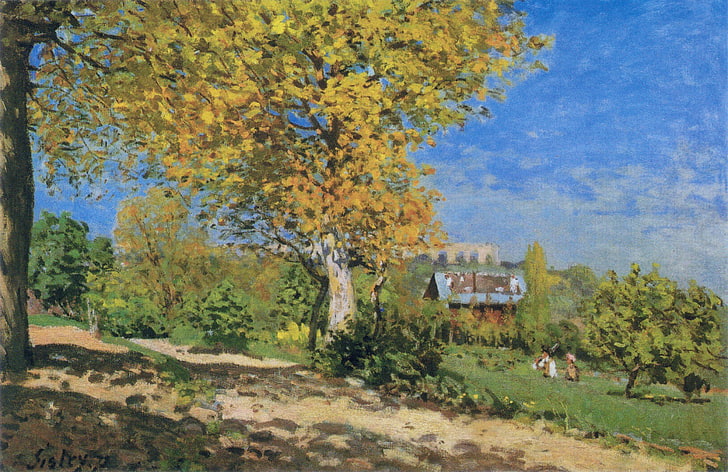 pittura ad albero marrone, estate, cielo, nuvole, paesaggio, albero, immagine, giardino, Alfred Sisley, Sfondo HD