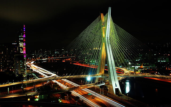 Ponte Estaiada ، جسر أبيض معلق بالكابلات ، مناظر المدينة ، مناظر المدينة، خلفية HD
