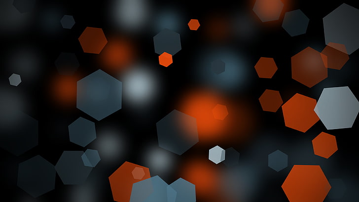 luces hexagonales bokeh, ilustración de luces naranja, blanco y gris, resumen, arte digital, profundidad de campo, hexágono, oscuro, geometría, luces, Fondo de pantalla HD