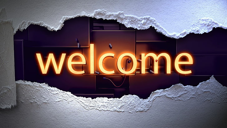 neon sign, signage, welcome, graphics, light, wall, HD wallpaper