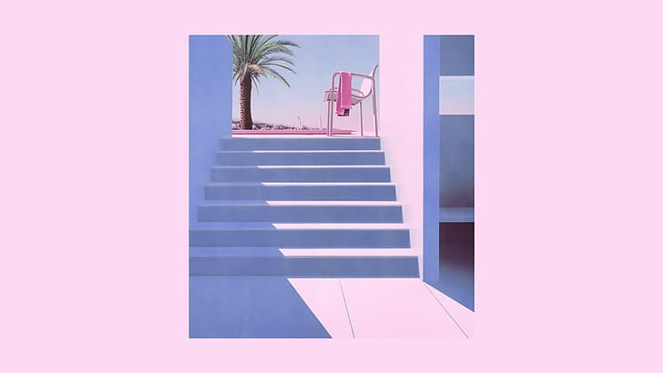 Retrowave, vaporwave, anos 80, rosa, palmeiras, escadas, HD papel de parede