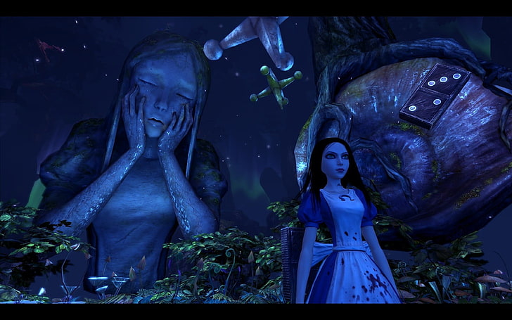 Женщина стоит возле растений с женщиной, закрывающей глаза и держащей щеки на небе, снимок экрана, видеоигры, Алиса: Возвращение безумия, HD обои