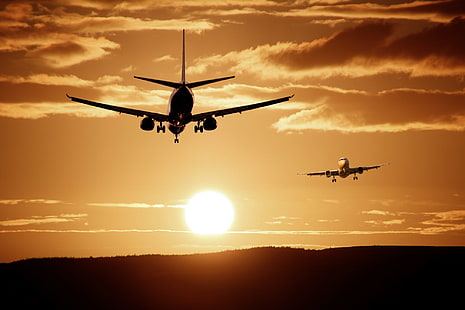 Samoloty, niebo, lądowanie, zachód słońca, Tapety HD HD wallpaper