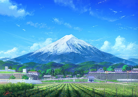 Anime, Originale, Edificio, Nuvola, Campo, Monte Fuji, Montagna, Scenario, Cielo, Sfondo HD HD wallpaper