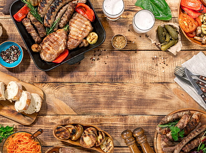 daging panggang, roti, daging, BBQ, sayuran, saus, kayu, panggangan, panggang, Wallpaper HD HD wallpaper