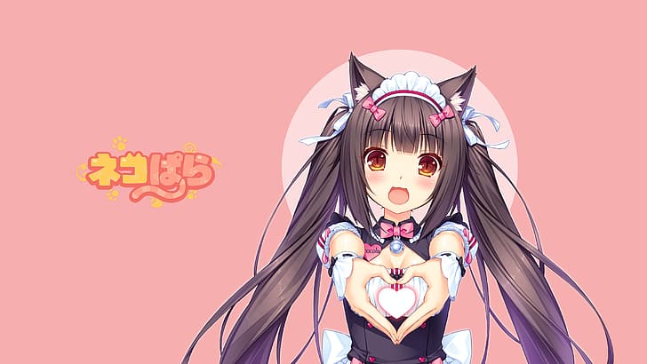 Neko Para, Chocola (Nekopara), neko ears, anime girls, anime games, cat girl, heart, maid, HD wallpaper