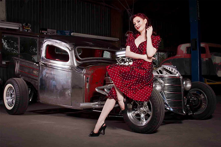 women's red and white polka-dot dress, polka dots, women with cars, redhead, car, HD wallpaper