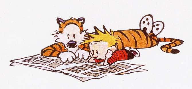 Junge und Tiger lesen Buchillustration, Calvin und Hobbes, Cartoon, Comics, Bill Watterson, HD-Hintergrundbild HD wallpaper