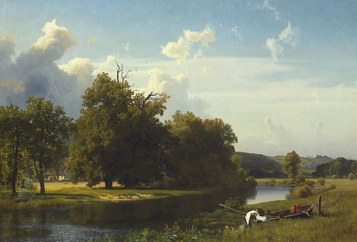 пейзаж, река, лодка, картина, Алберт Биерщат, Вестфалия, HD тапет