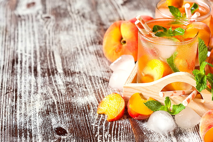 jus persik, limun buatan sendiri, minuman, persik, es, mint, Wallpaper HD