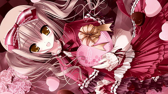Anime Girl Valentines Day HD, anime, animeflickor, blondiner, choklad, klänning, blommor, gyllene ögon, hjärtan, band, rosor, ringa illustrationer, alla hjärtans dag, HD tapet HD wallpaper