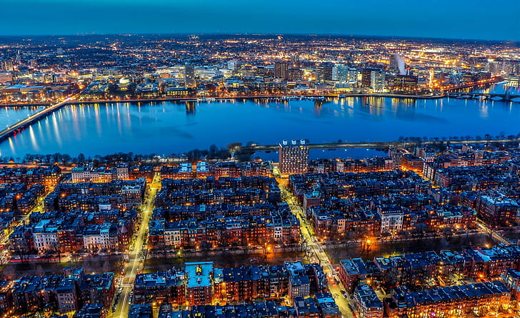 архитектура, Атлантик, залив, Бостън, Boswash, мостове, градове, град, Масачузетс, нощ, океан, силует, кула, САЩ, HD тапет