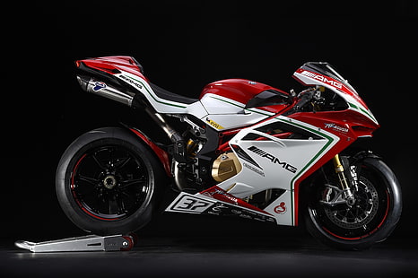 красно-белый спортивный мотоцикл, MV Agusta F4 RC, супербайк, AMG Line, мотоцикл, выхлопные трубы, черный фон, MV agusta, HD обои HD wallpaper