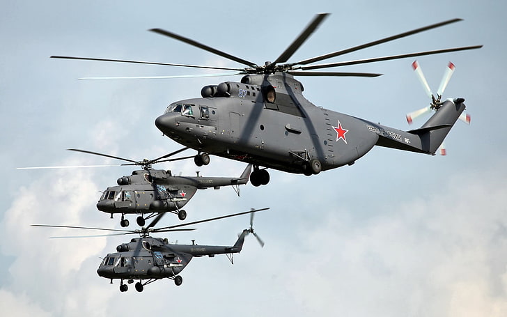 три черных вертолета, вертолеты Ми-Ми-17, Ми-Ми-26, ВВС России, военный самолет, автомобиль, HD обои